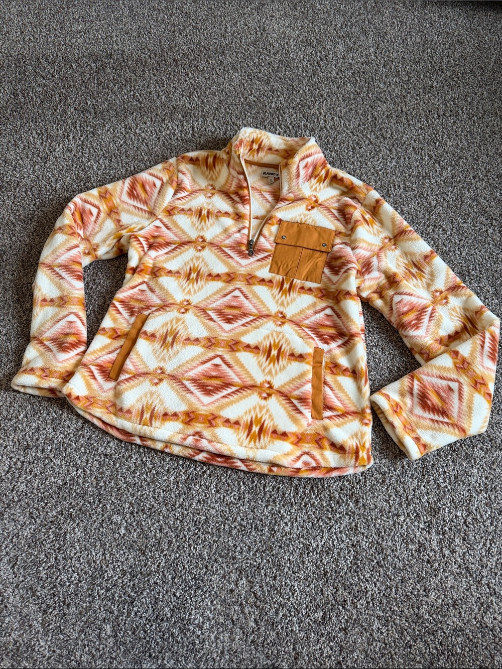 Rank 45 Quarter-Zip Aztec Fleece Pullover in Cream, Mustard & Rust. Size XL